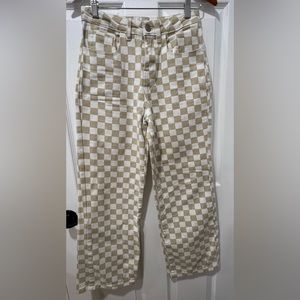 RSQ Women Size 25 Tan/White Plaid Denim Pants 109% Cotton Zip/Button Fly Pockets